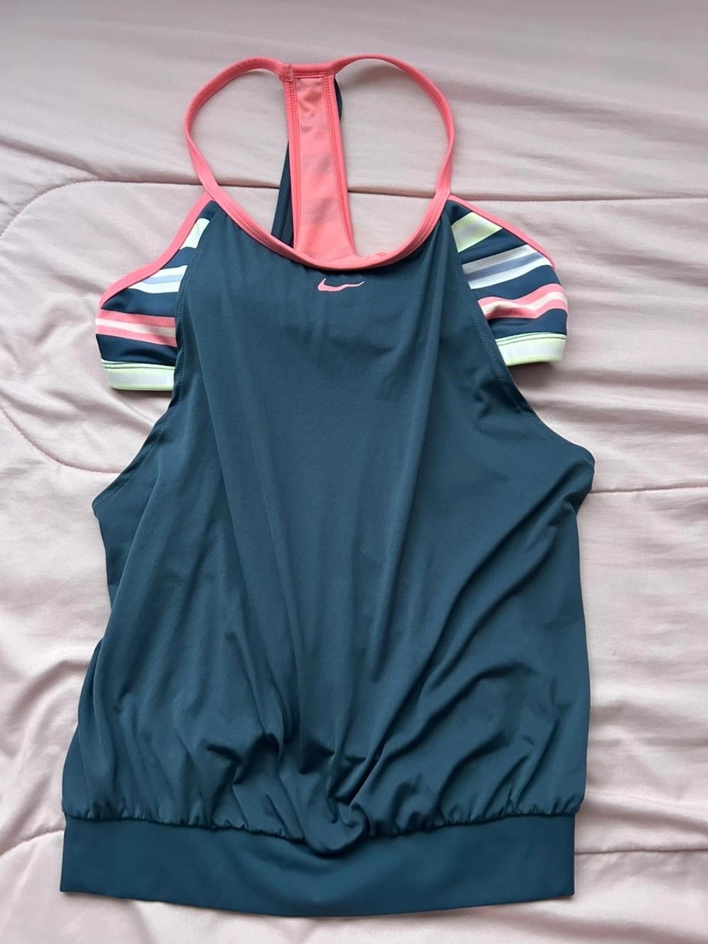 Nike Women’s Teal & Coral Striped Racerback One-Piece Swim Top